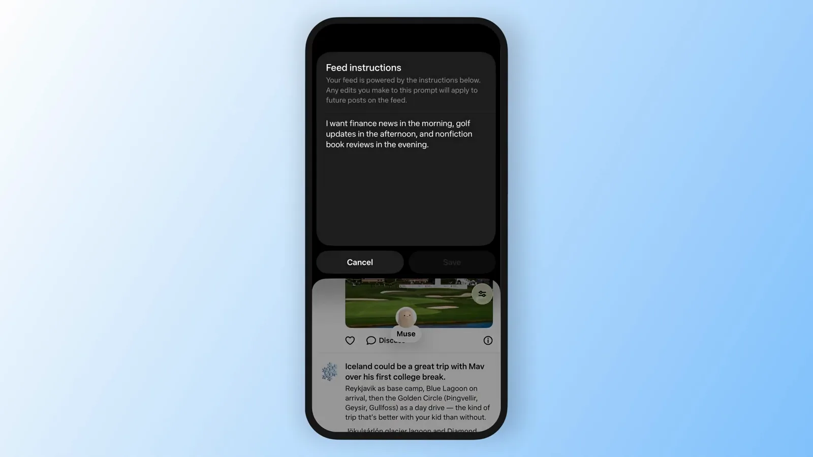 Feed instructions editor in Muse set to finance news in the morning and golf updates in the afternoon