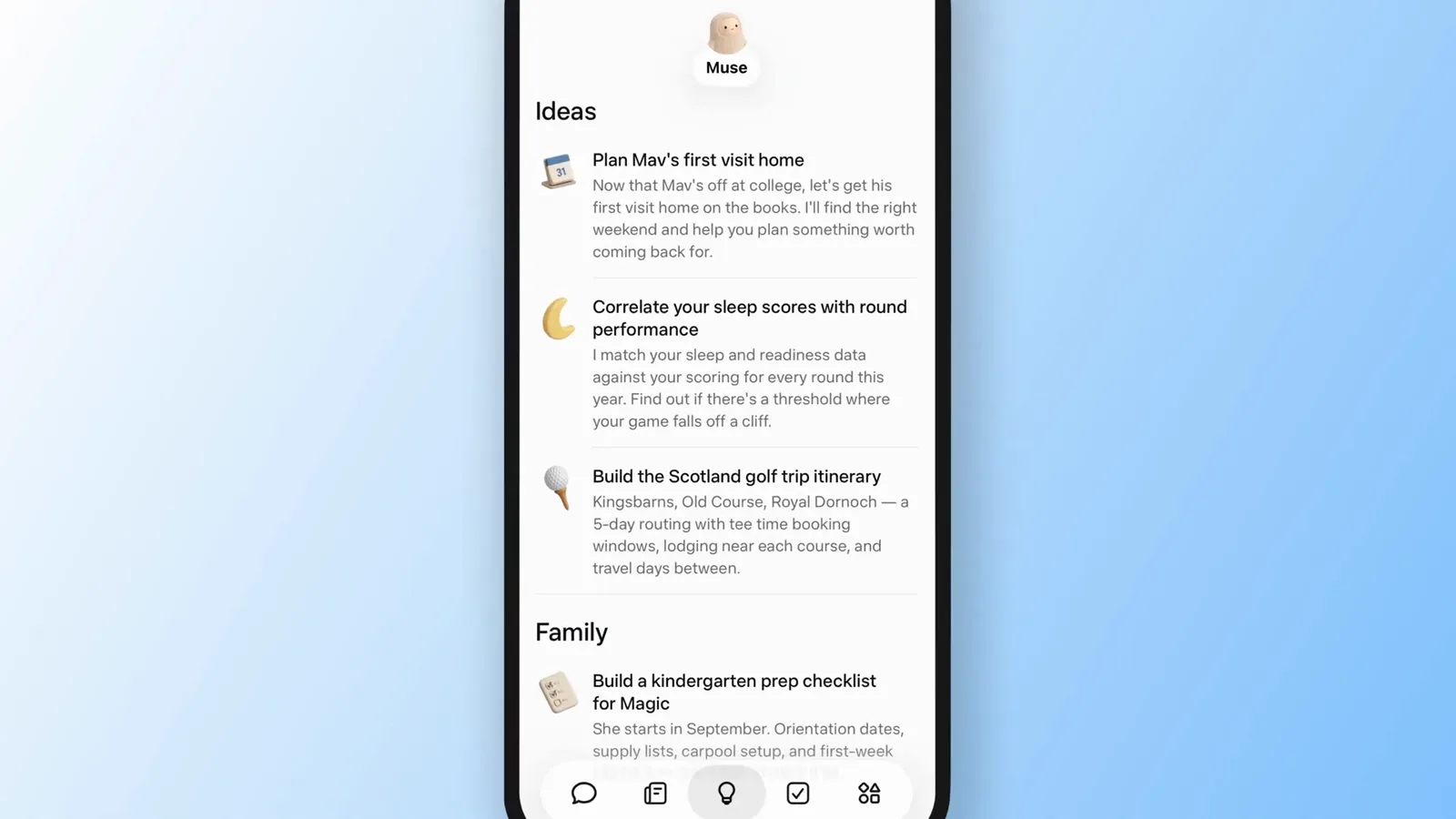 Ideas tab in the Muse app suggesting a Scottish golf trip itinerary and a kindergarten prep checklist
