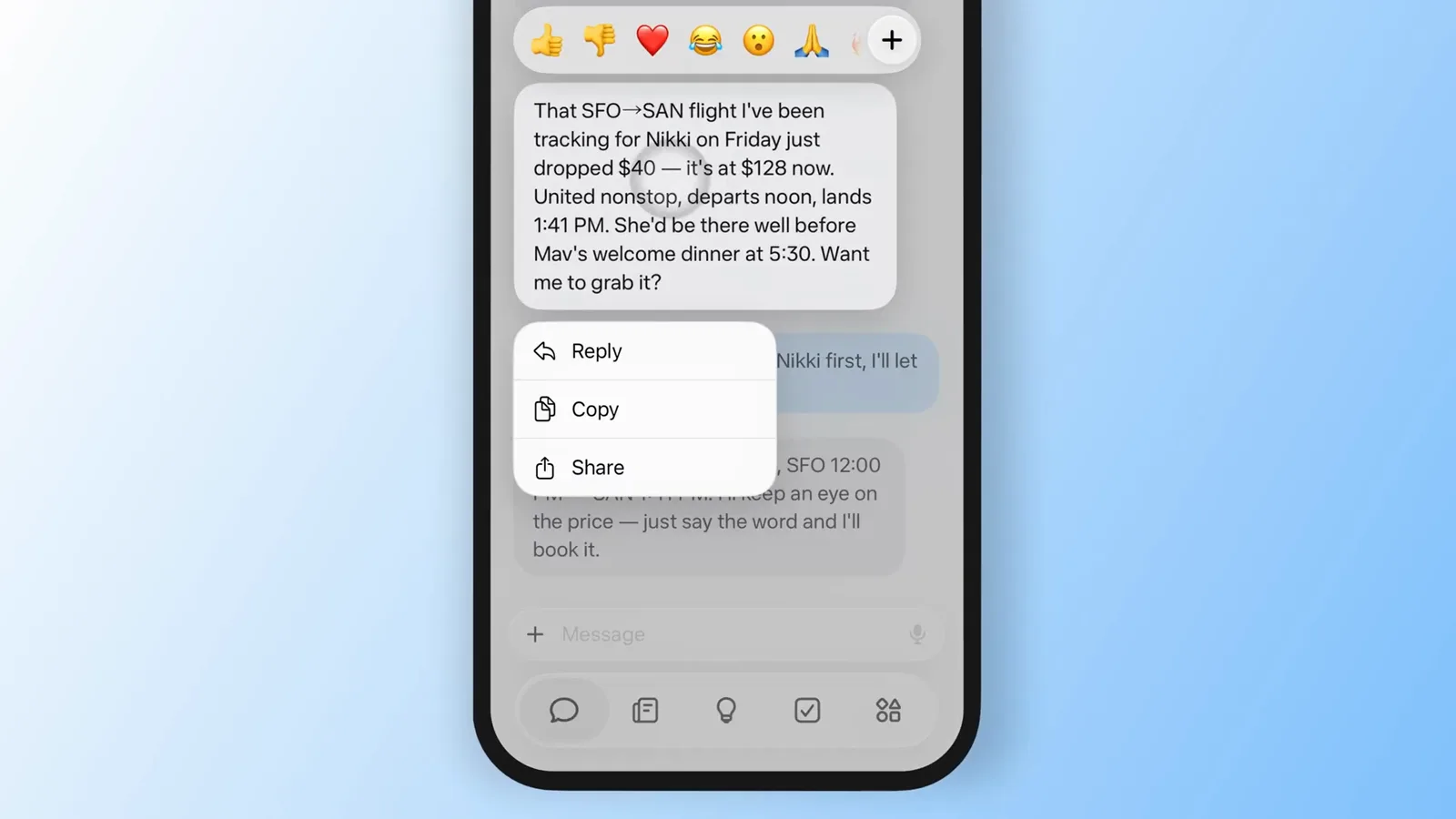 Long-press menu in the Muse app offering Reply, Copy and Share with an emoji reaction bar above a flight alert