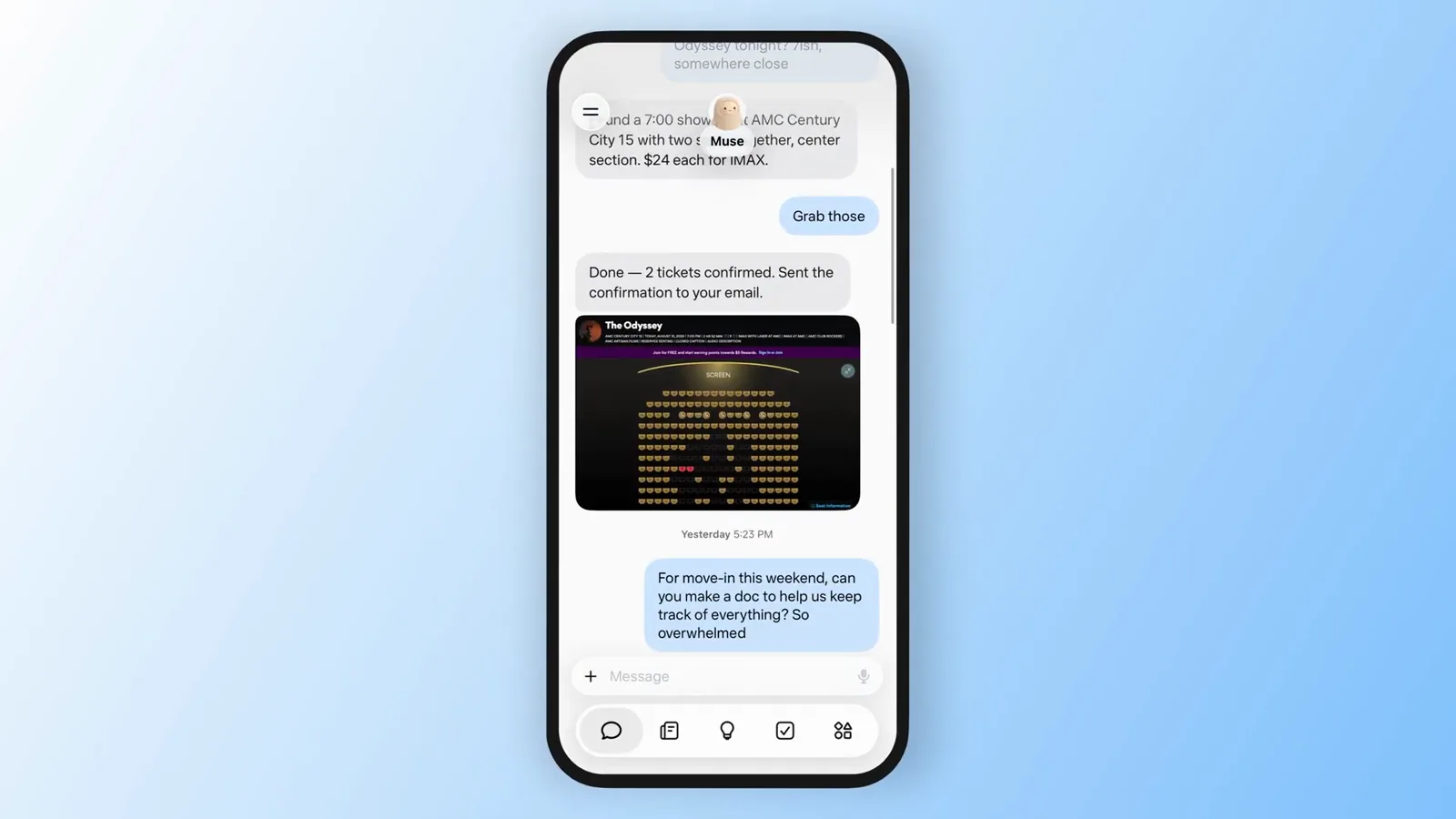 Muse confirmation message for two Odyssey MAX tickets with the AMC seat map after a Grab those reply