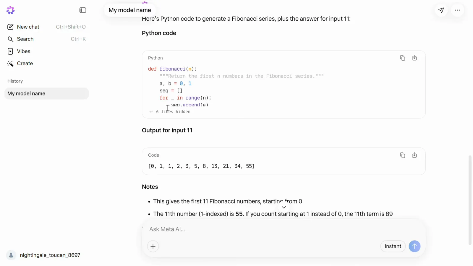 meta.ai returning Python Fibonacci code with the output for input 11 shown as a list