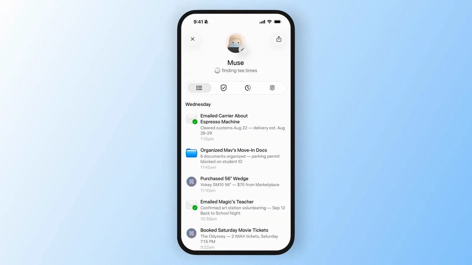 Muse status screen logging Wednesday errands from espresso emails to booked movie tickets