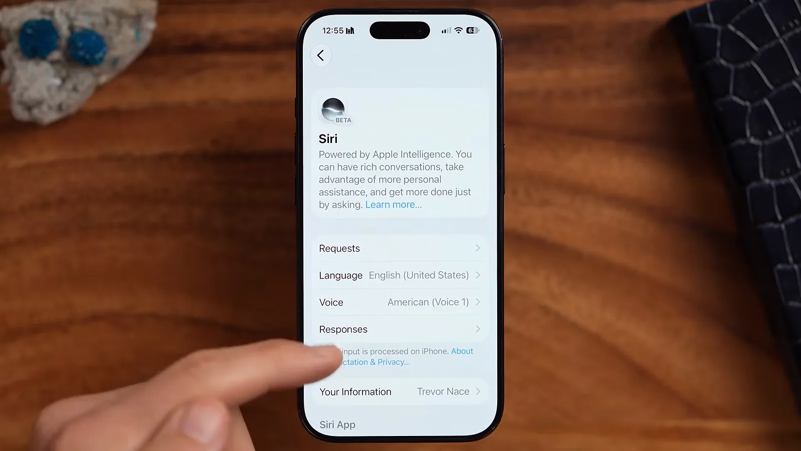 iOS 27 的 Siri 设置主页，带 Siri Beta 标签，下方是 Requests、Language、Voice、Responses 四行