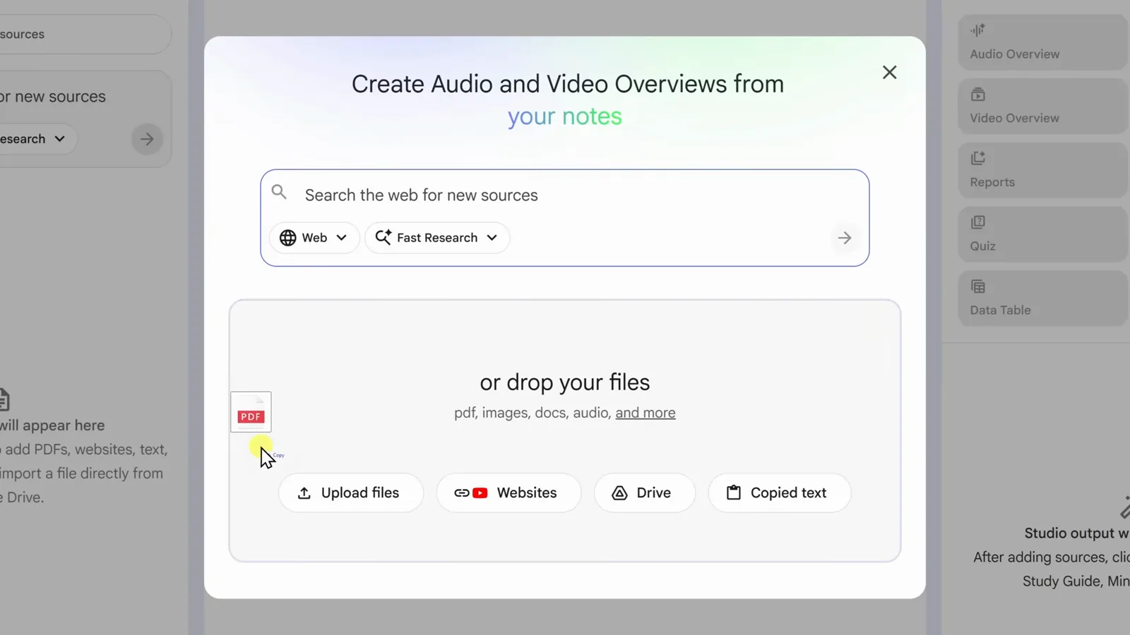 NotebookLM 添加来源弹窗,PDF 正在拖入上传区,下方排着 Upload files、Websites、Drive、Copied text 四个按钮 NotebookLM 添加来源弹窗,PDF 正在拖入上传区,下方排着 Upload files、Websites、Drive、Copied text 四个按钮