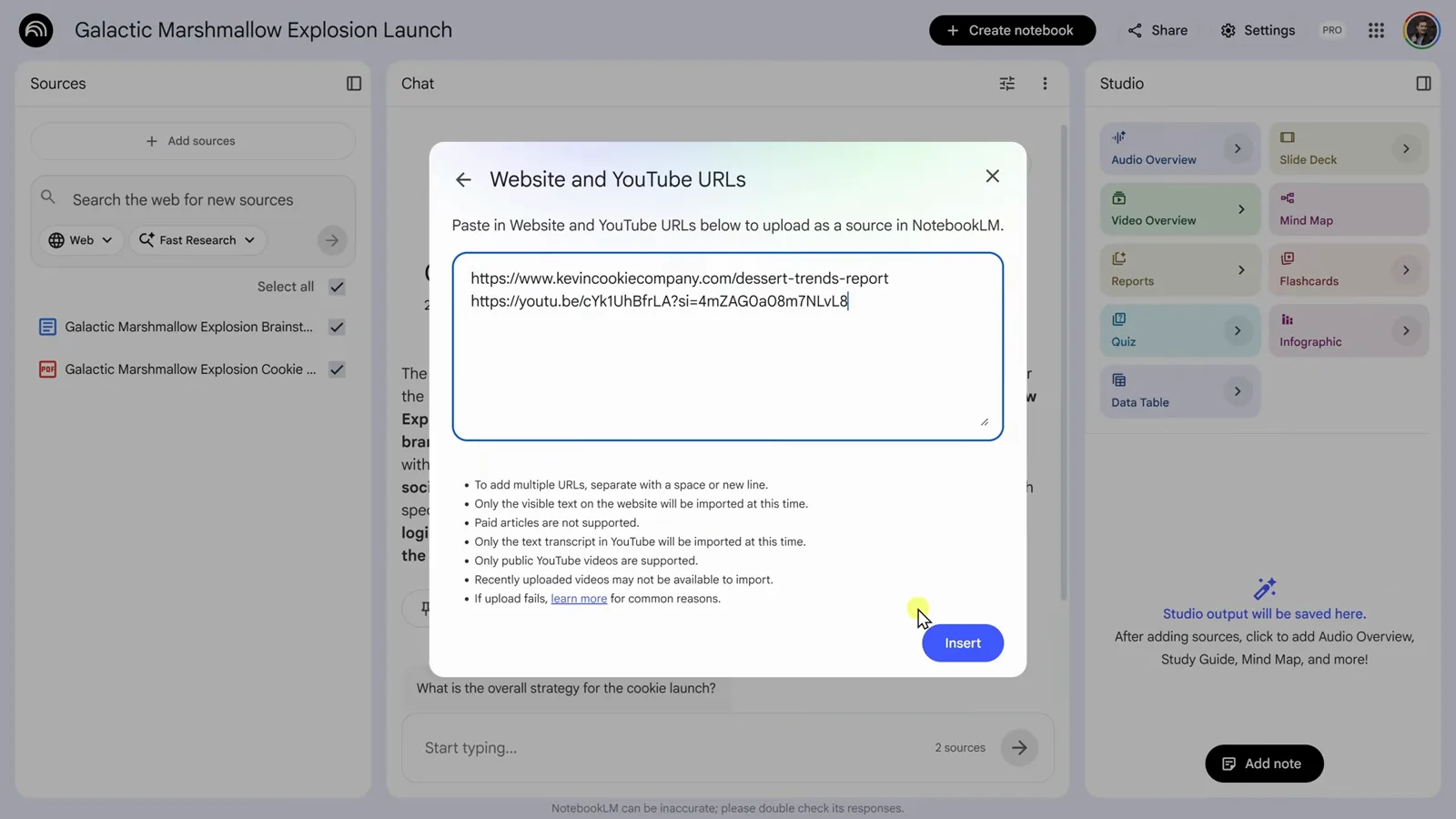 NotebookLM 的「Website and YouTube URLs」弹窗,输入框里粘了两条链接,右下角是 Insert 按钮 NotebookLM 的「Website and YouTube URLs」弹窗,输入框里粘了两条链接,右下角是 Insert 按钮