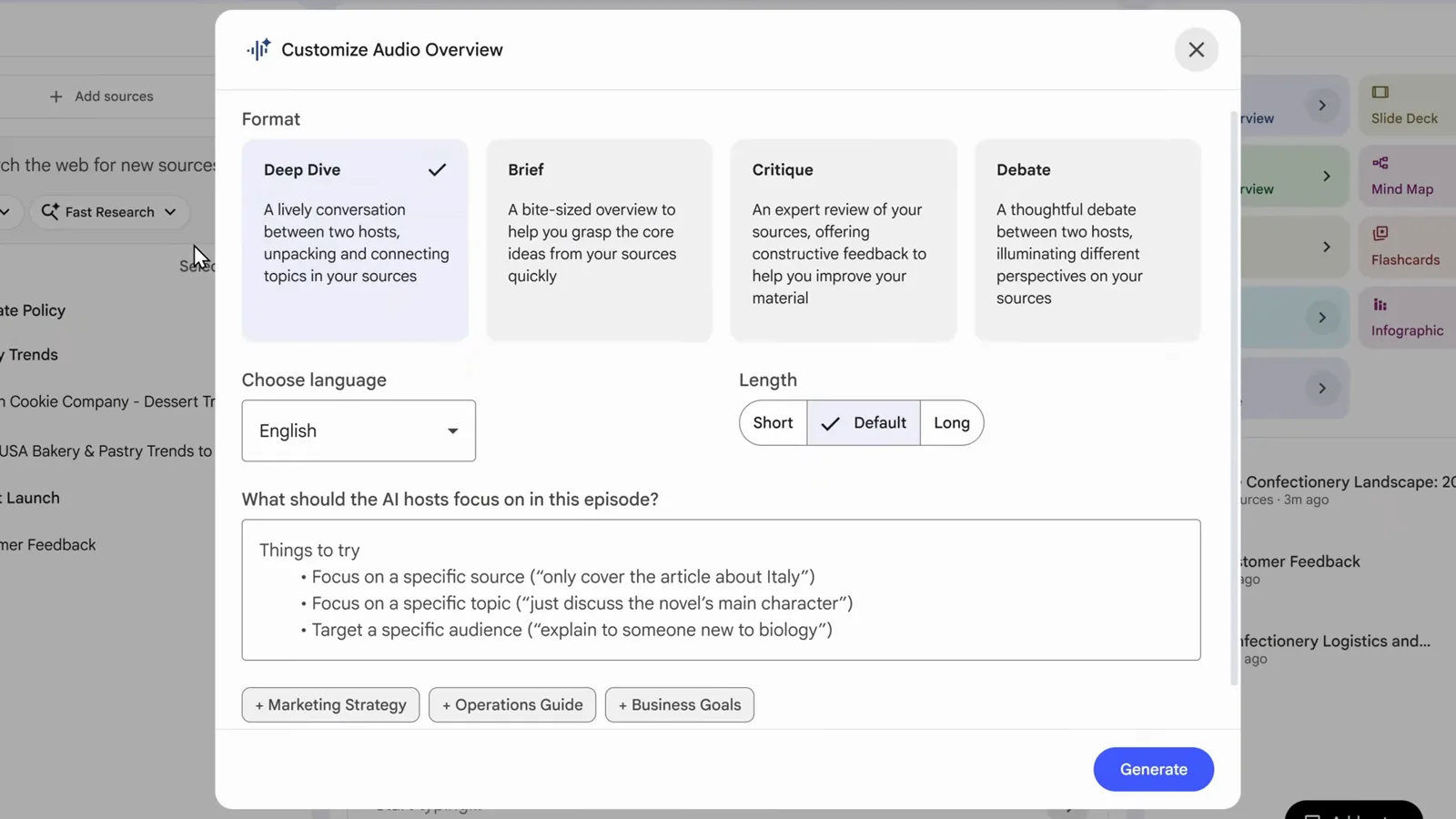 NotebookLM 的「Customize Audio Overview」弹窗,提供 Deep Dive、Brief、Critique、Debate 四种格式 NotebookLM 的「Customize Audio Overview」弹窗,提供 Deep Dive、Brief、Critique、Debate 四种格式
