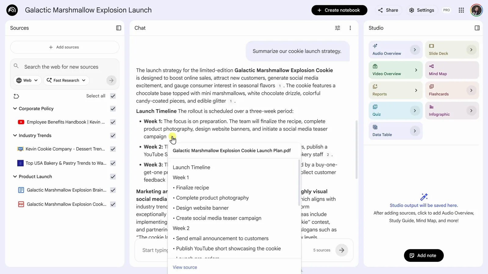 NotebookLM 聊天回答里悬停引用编号,弹出 PDF 原文段落预览和 View source 链接 NotebookLM 聊天回答里悬停引用编号,弹出 PDF 原文段落预览和 View source 链接