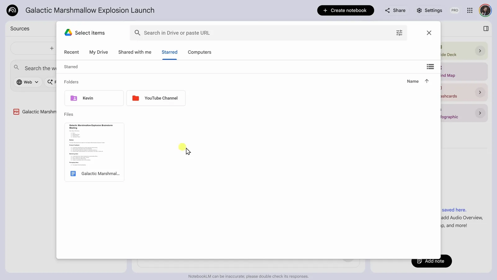 NotebookLM 内的 Google Drive 文件选择器,Starred 标签页里已选中一份会议记录文档 NotebookLM 内的 Google Drive 文件选择器,Starred 标签页里已选中一份会议记录文档