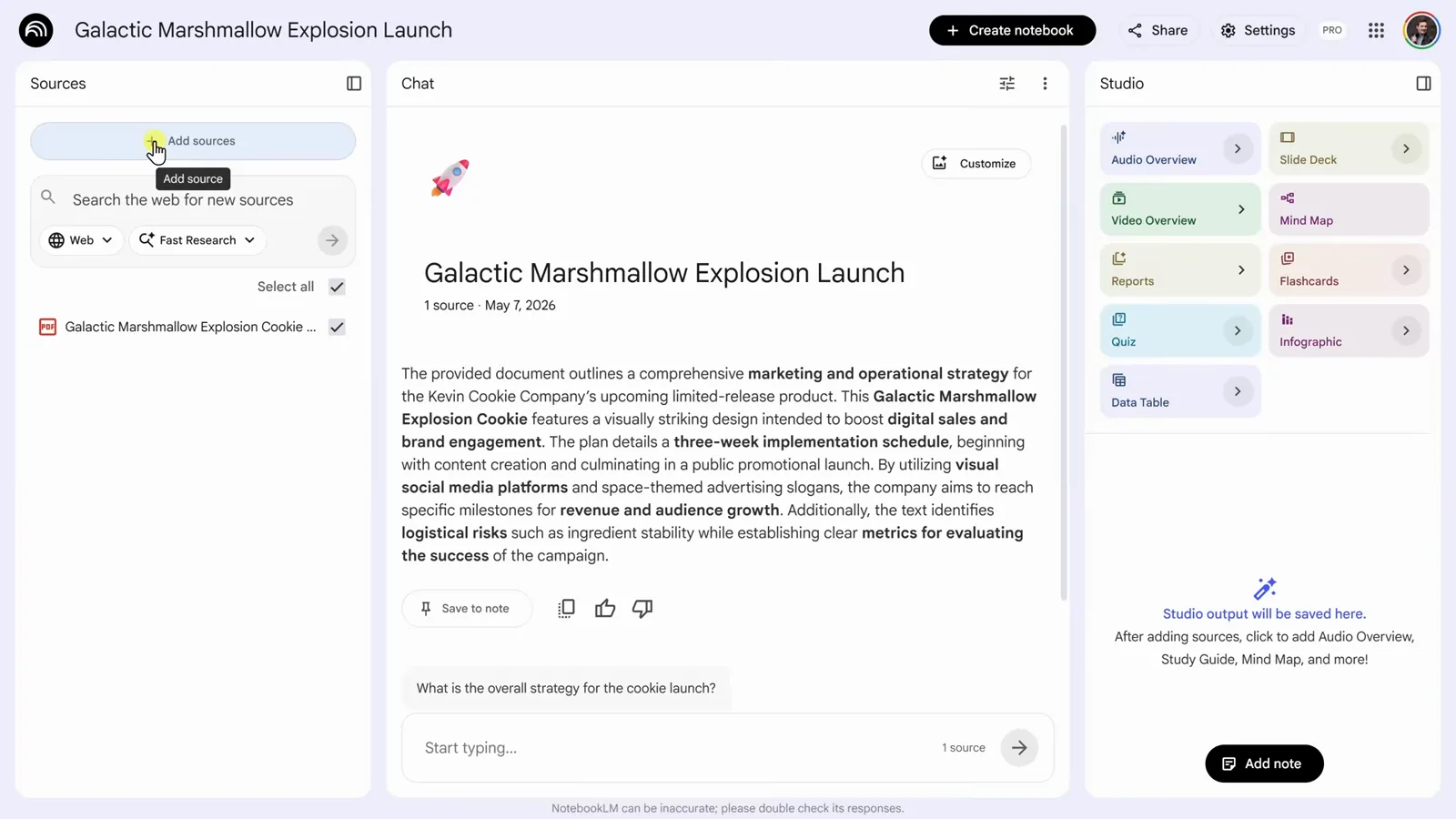 NotebookLM 里刚拖入的 PDF 来源出现在左侧面板,聊天区自动生成了文档概览 NotebookLM 里刚拖入的 PDF 来源出现在左侧面板,聊天区自动生成了文档概览