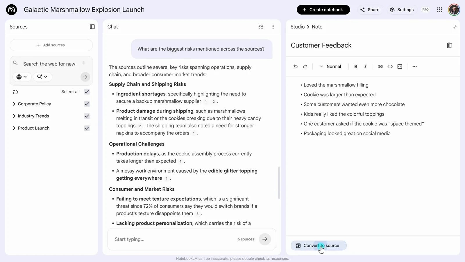 NotebookLM Studio 面板中 Customer Feedback 笔记下方的「Convert to source」按钮 NotebookLM Studio 面板中 Customer Feedback 笔记下方的「Convert to source」按钮