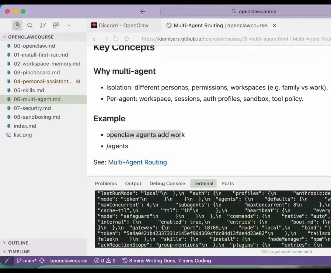 OpenClaw course docs page explaining multi-agent routing with the example command openclaw agents add work above the terminal