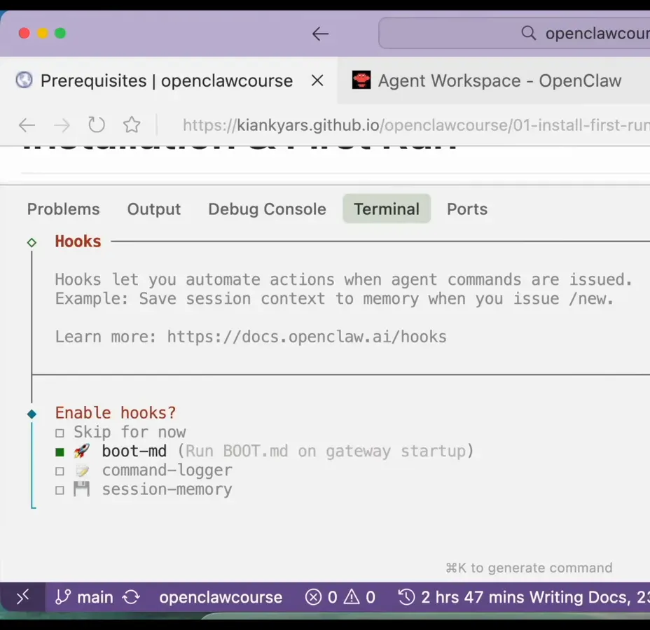 Hooks screen of the OpenClaw onboarding wizard with boot-md enabled and Node selected as the gateway service runtime