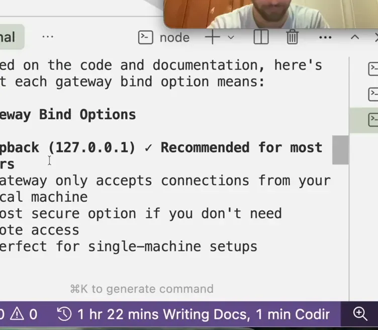 Terminal panel explaining OpenClaw gateway bind options with Loopback 127.0.0.1 marked as recommended for most users