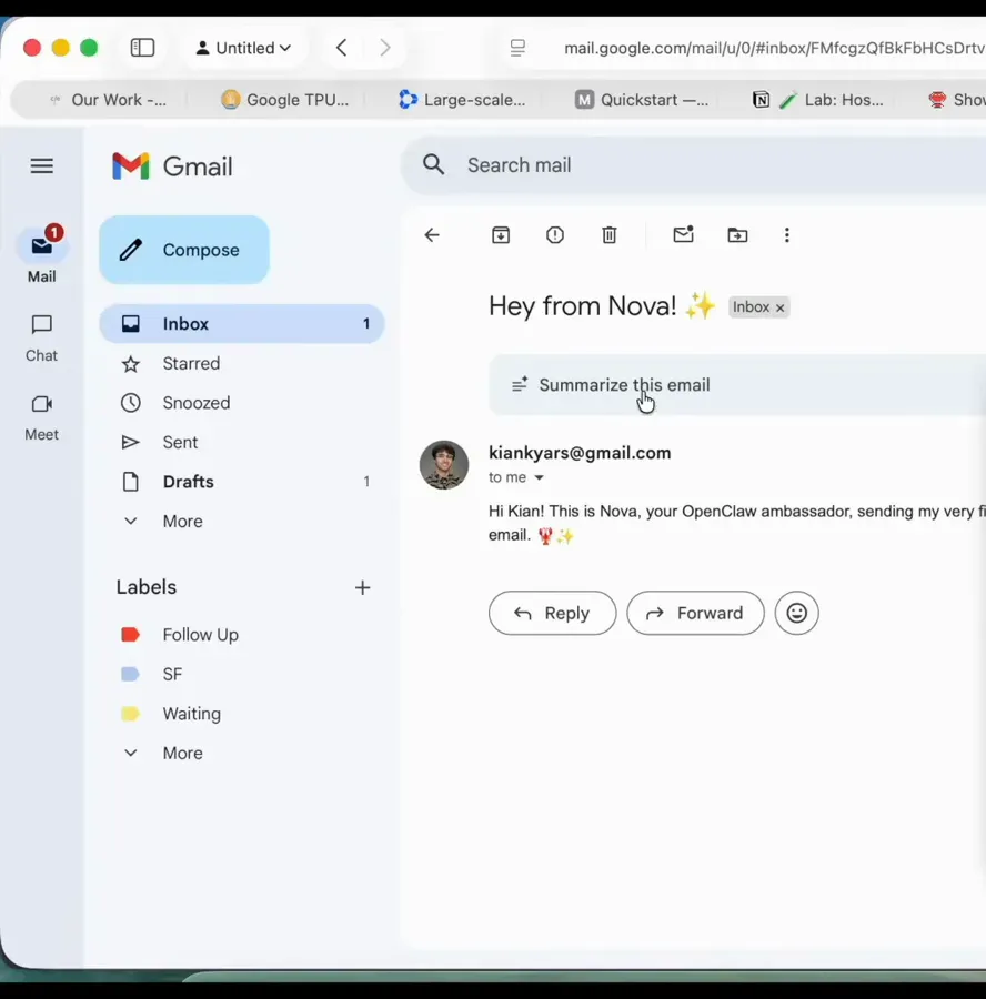 Gmail inbox with the Hey from Nova first test email open, showing the OpenClaw ambassador introduction above the reply and forward buttons