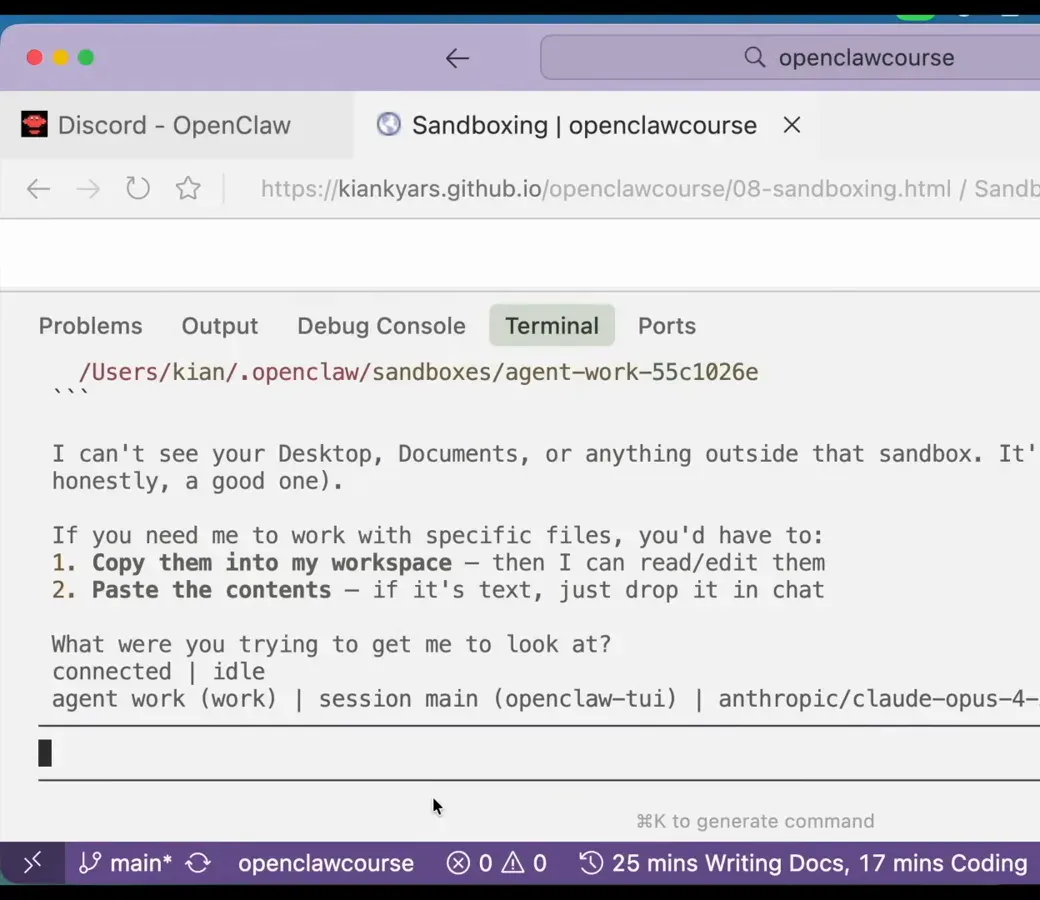 OpenClaw TUI where the sandboxed work agent refuses a desktop files access request and explains its world is limited to the sandbox