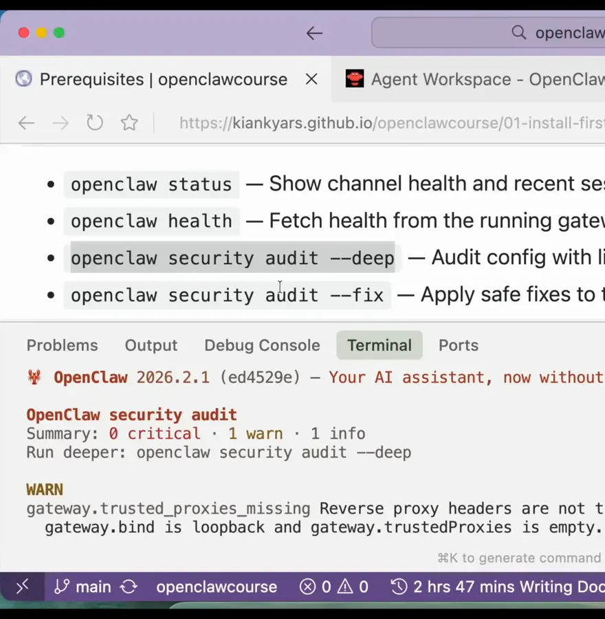 Terminal running openclaw security audit deep with a 0 critical 1 warn 1 info summary under the OpenClaw useful commands list