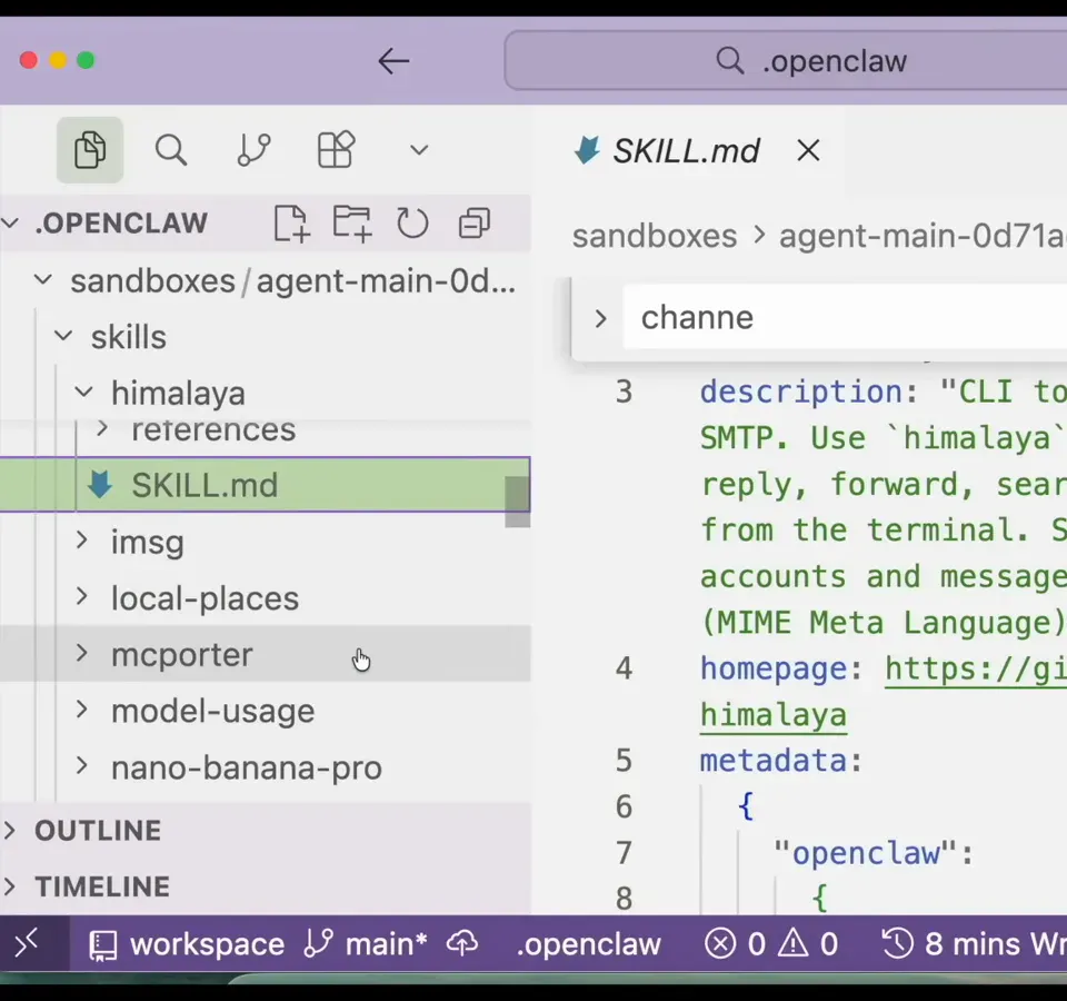 Editor with the himalaya SKILL.md front matter open beside a sidebar listing the bird apple-notes and other OpenClaw skill folders