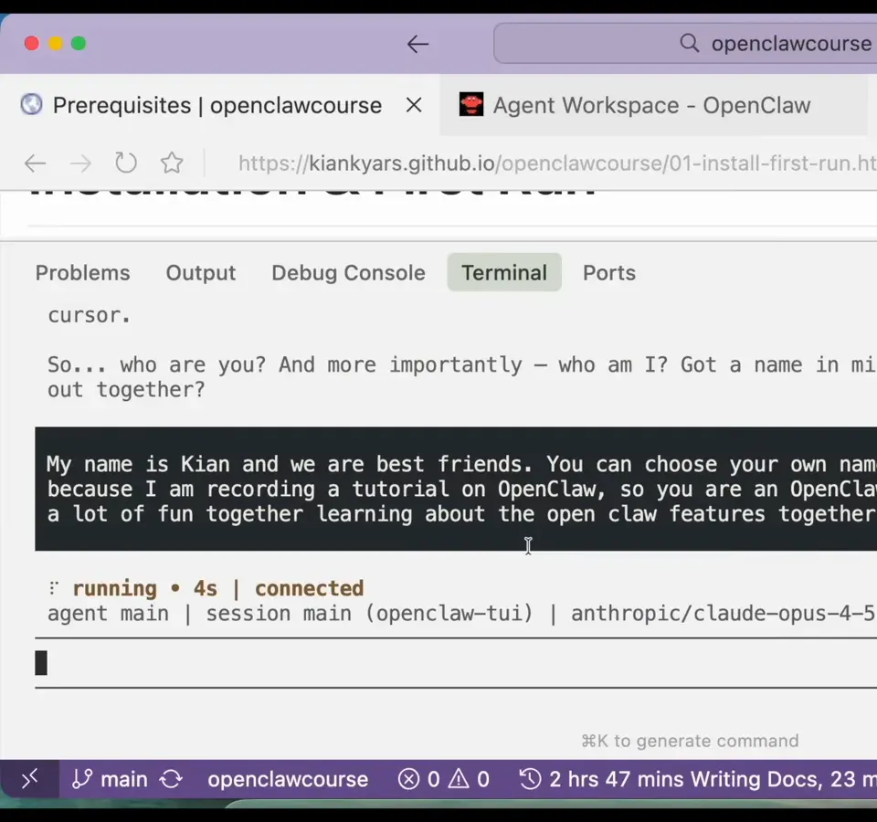 OpenClaw terminal UI where the freshly booted agent introduces itself as Nova after being told to choose its own name