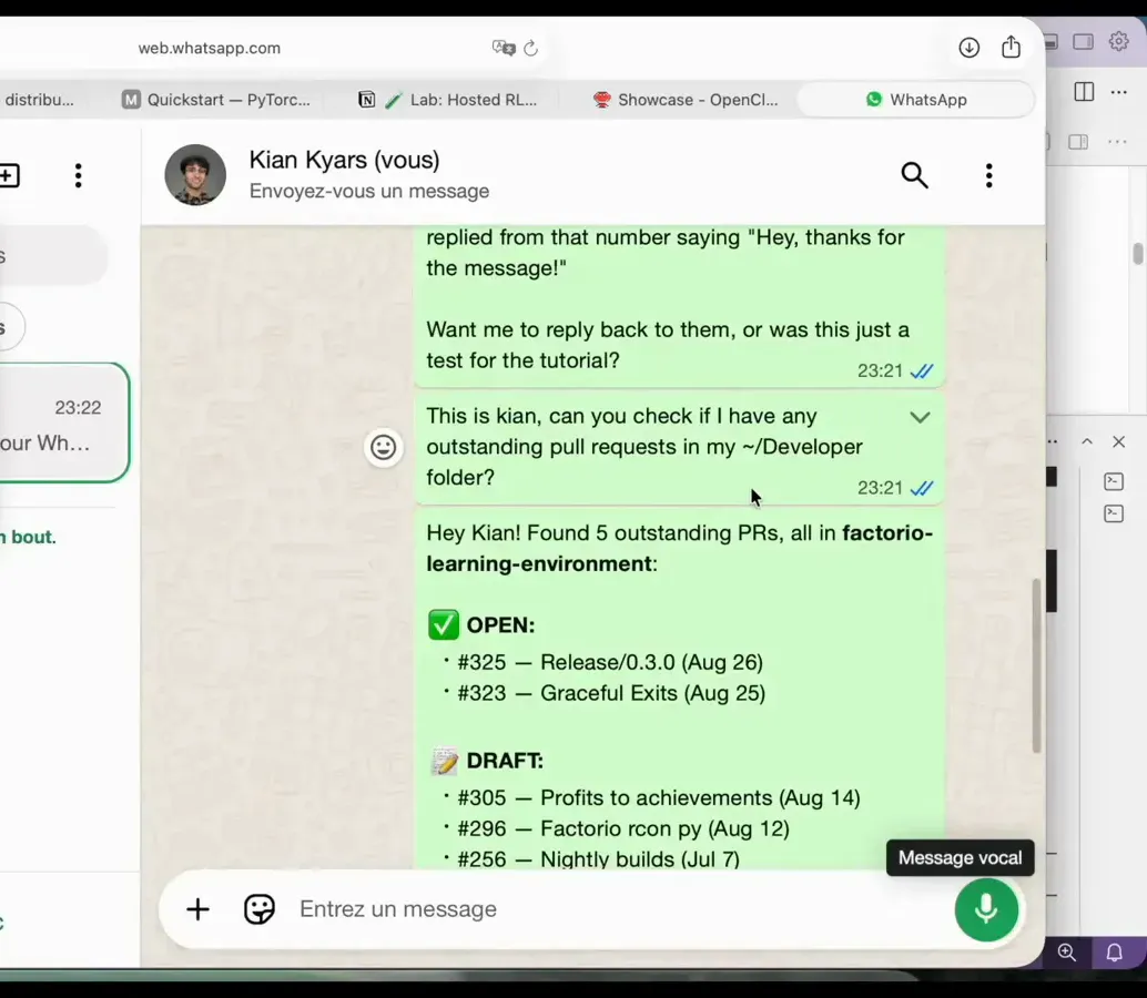 WhatsApp chat answering a pull request check with five outstanding PRs grouped into open and draft lists
