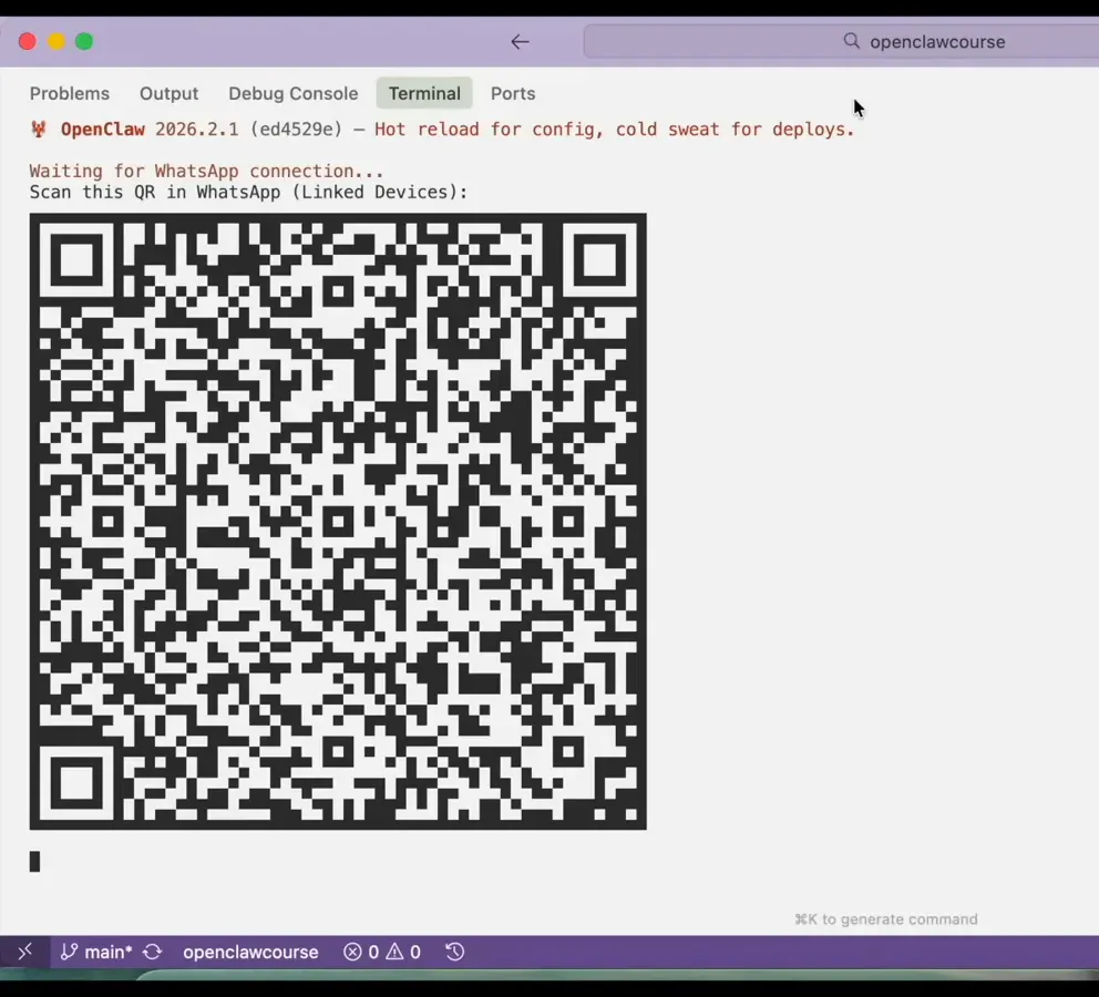 Terminal telling you to scan this QR in WhatsApp linked devices with the pairing code rendered in the OpenClaw gateway console