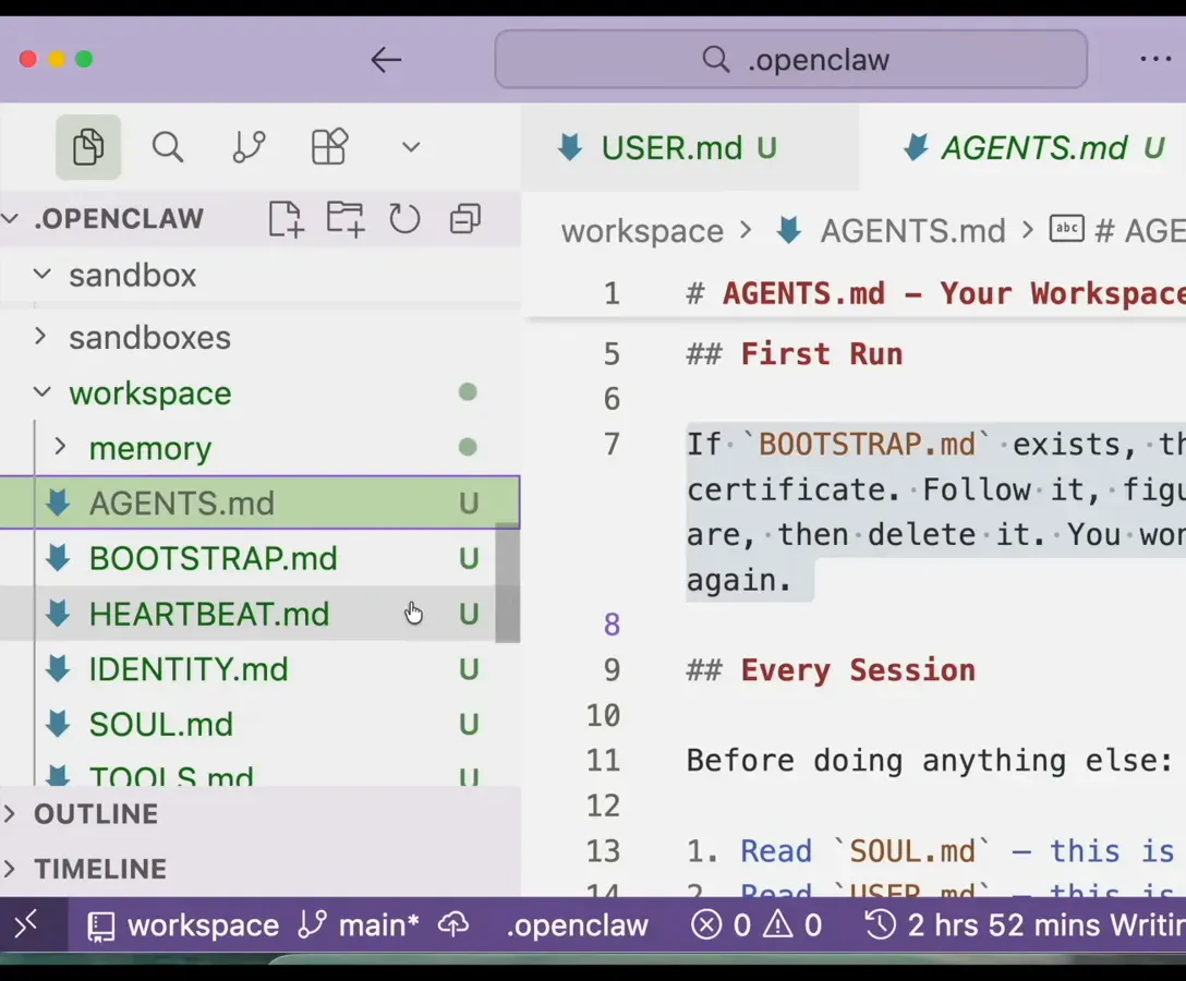Editor showing IDENTITY.md with the agent chosen name Nova beside a workspace tree listing the AGENTS BOOTSTRAP HEARTBEAT SOUL TOOLS and USER markdown files