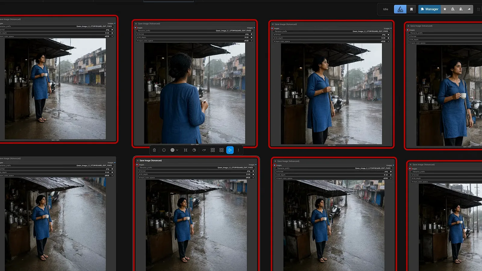A grid of eight Qwen-Image 2.1 renders tracking the same blue-dressed woman through different camera angles on a rainy street. A grid of eight Qwen-Image 2.1 renders tracking the same blue-dressed woman through different camera angles on a rainy street.