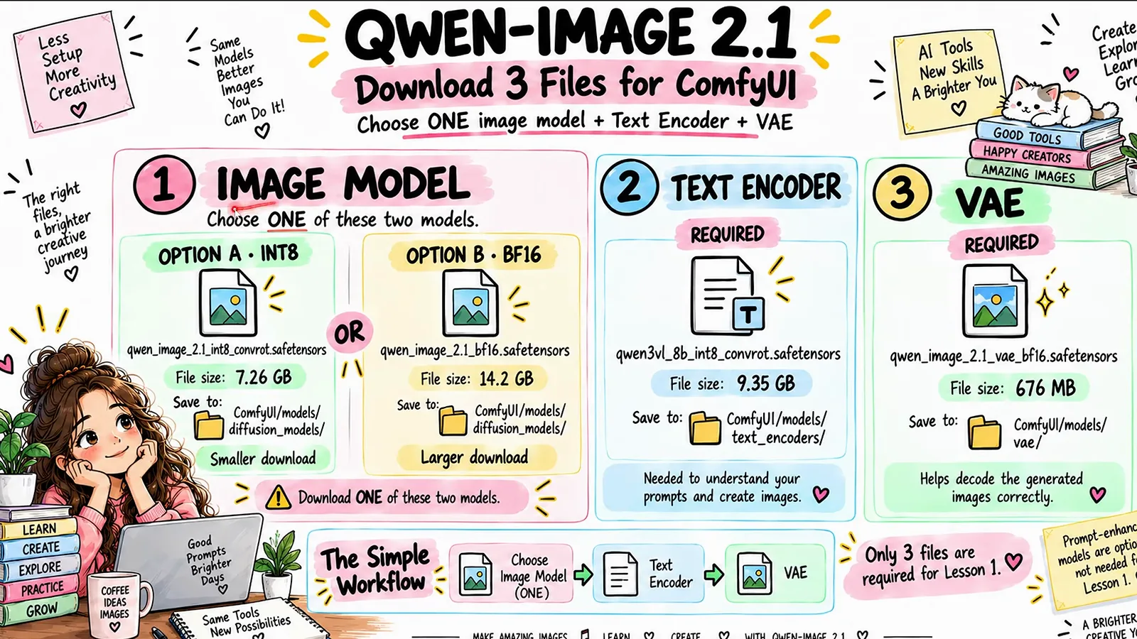 Qwen-Image 2.1 download infographic comparing the INT8 and BF16 image model options alongside the required text encoder and VAE file sizes. Qwen-Image 2.1 download infographic comparing the INT8 and BF16 image model options alongside the required text encoder and VAE file sizes.