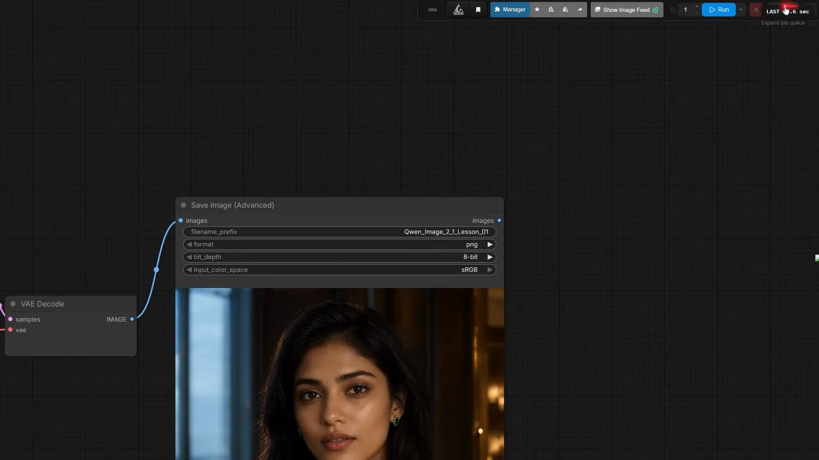 A Qwen-Image 2.1 portrait with natural skin sitting in the ComfyUI Save Image preview after the first render. A Qwen-Image 2.1 portrait with natural skin sitting in the ComfyUI Save Image preview after the first render.
