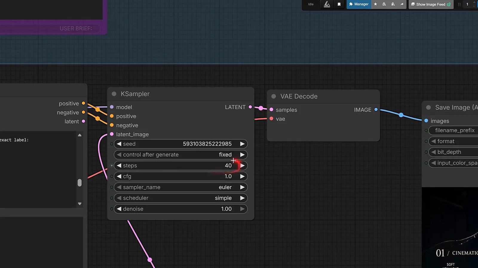 The ComfyUI KSampler configured for Qwen-Image 2.1 with its steps field pushed from 25 to 40 while a cinematic poster renders. The ComfyUI KSampler configured for Qwen-Image 2.1 with its steps field pushed from 25 to 40 while a cinematic poster renders.