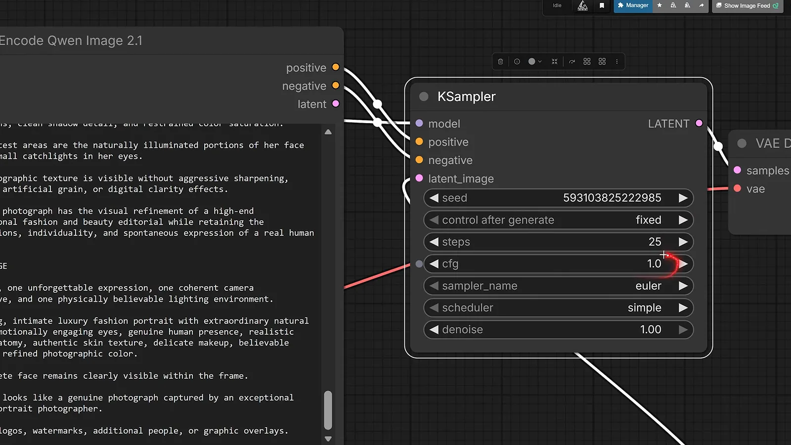 KSampler node in ComfyUI set to the Qwen-Image 2.1 baseline of 25 steps, CFG 1.0, and the Euler sampler. KSampler node in ComfyUI set to the Qwen-Image 2.1 baseline of 25 steps, CFG 1.0, and the Euler sampler.