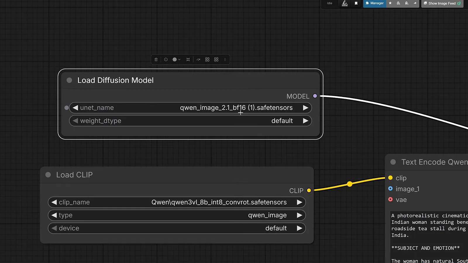 ComfyUI node graph for Qwen-Image 2.1 showing Load Diffusion Model, Load CLIP, and Load VAE nodes wired into the KSampler. ComfyUI node graph for Qwen-Image 2.1 showing Load Diffusion Model, Load CLIP, and Load VAE nodes wired into the KSampler.