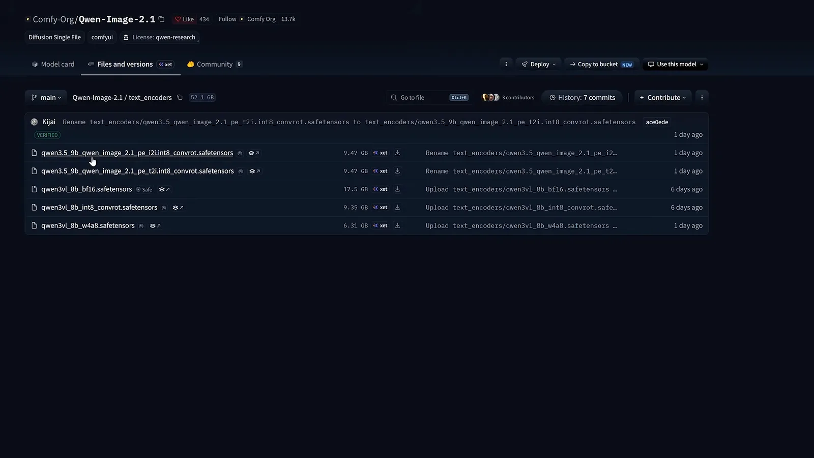 The official Qwen-Image-2.1-PE Hugging Face repository page listing the downloadable prompt enhancer model files. The official Qwen-Image-2.1-PE Hugging Face repository page listing the downloadable prompt enhancer model files.