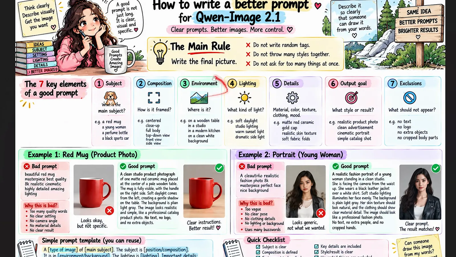 A Qwen-Image 2.1 prompt cheat sheet breaking a prompt into subject, composition, environment, lighting, details, and exclusions with good and bad examples. A Qwen-Image 2.1 prompt cheat sheet breaking a prompt into subject, composition, environment, lighting, details, and exclusions with good and bad examples.