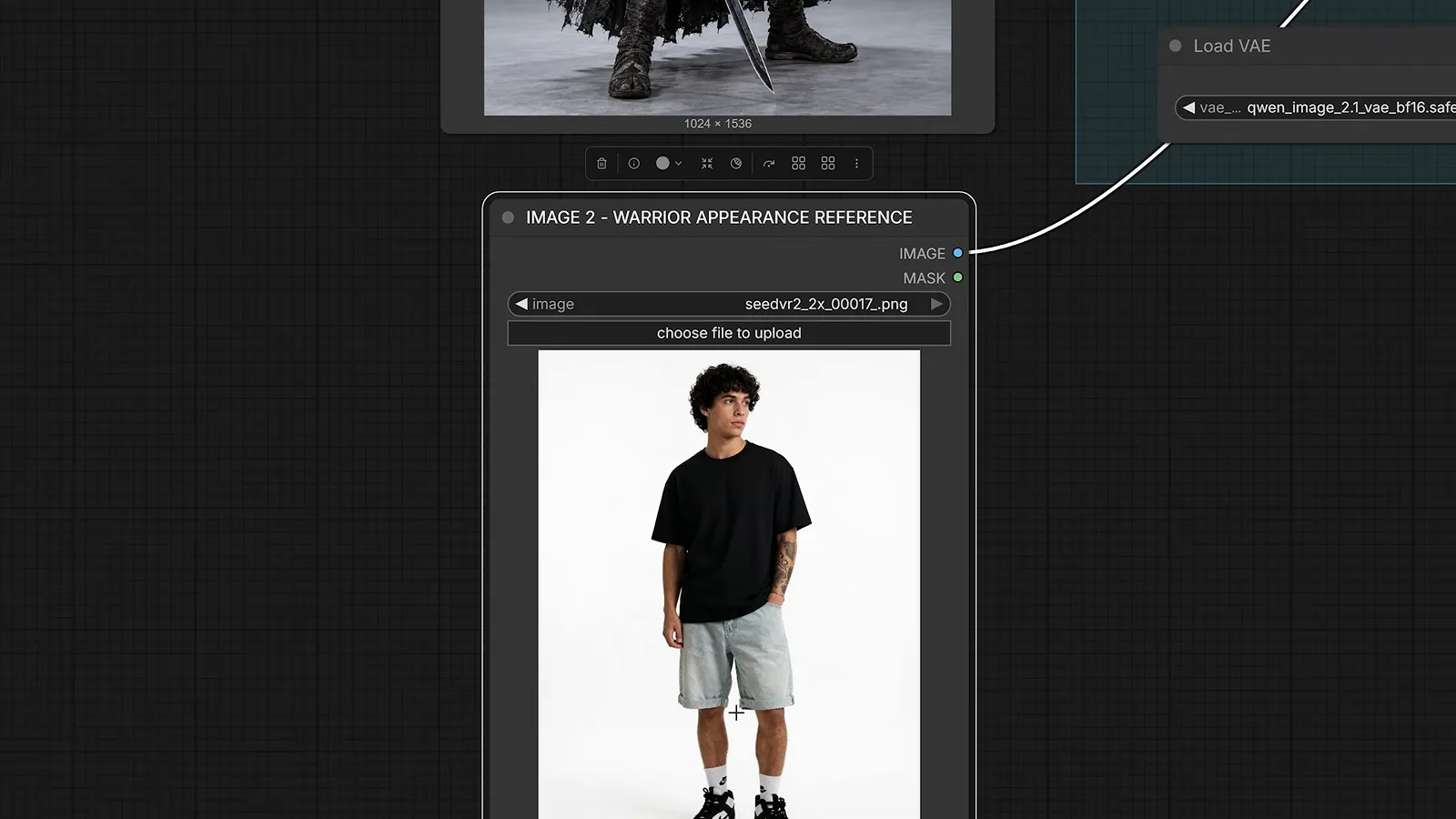 A ComfyUI Load Image node captioned Image 2 Warrior Appearance Reference holding a casual streetwear photo for a Qwen-Image 2.1 outfit edit. A ComfyUI Load Image node captioned Image 2 Warrior Appearance Reference holding a casual streetwear photo for a Qwen-Image 2.1 outfit edit.