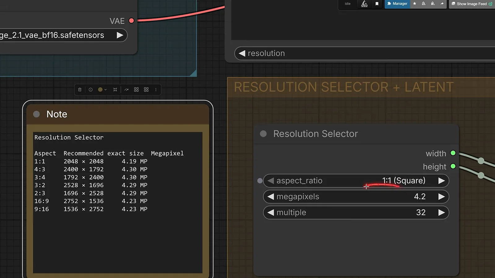A ComfyUI note listing Qwen-Image 2.1 recommended exact pixel sizes for each aspect ratio, next to the Resolution Selector node. A ComfyUI note listing Qwen-Image 2.1 recommended exact pixel sizes for each aspect ratio, next to the Resolution Selector node.