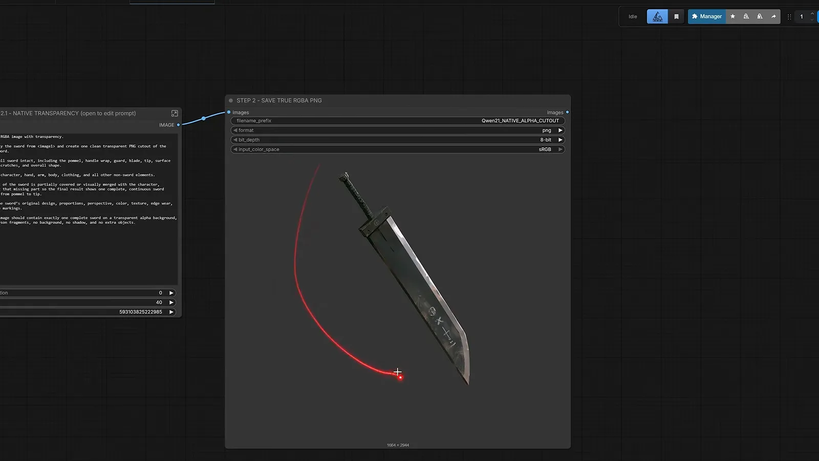A sword lifted out as a clean transparent cutout by Qwen-Image 2.1 beside the prompt node that requested the extraction. A sword lifted out as a clean transparent cutout by Qwen-Image 2.1 beside the prompt node that requested the extraction.