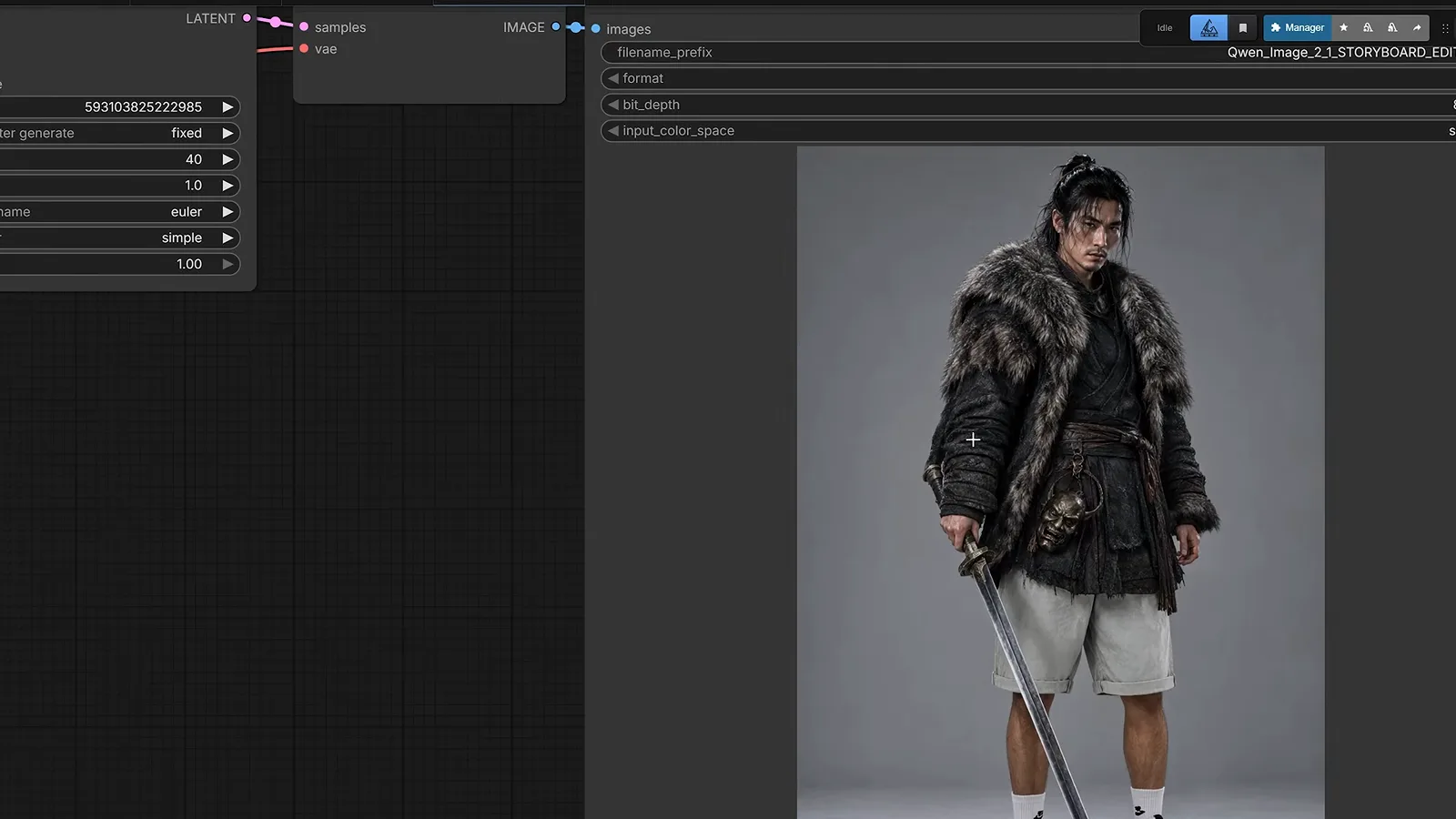 Qwen-Image 2.1 output wearing a fur coat and holding a sword, combined from three separate reference images in one edit. Qwen-Image 2.1 output wearing a fur coat and holding a sword, combined from three separate reference images in one edit.