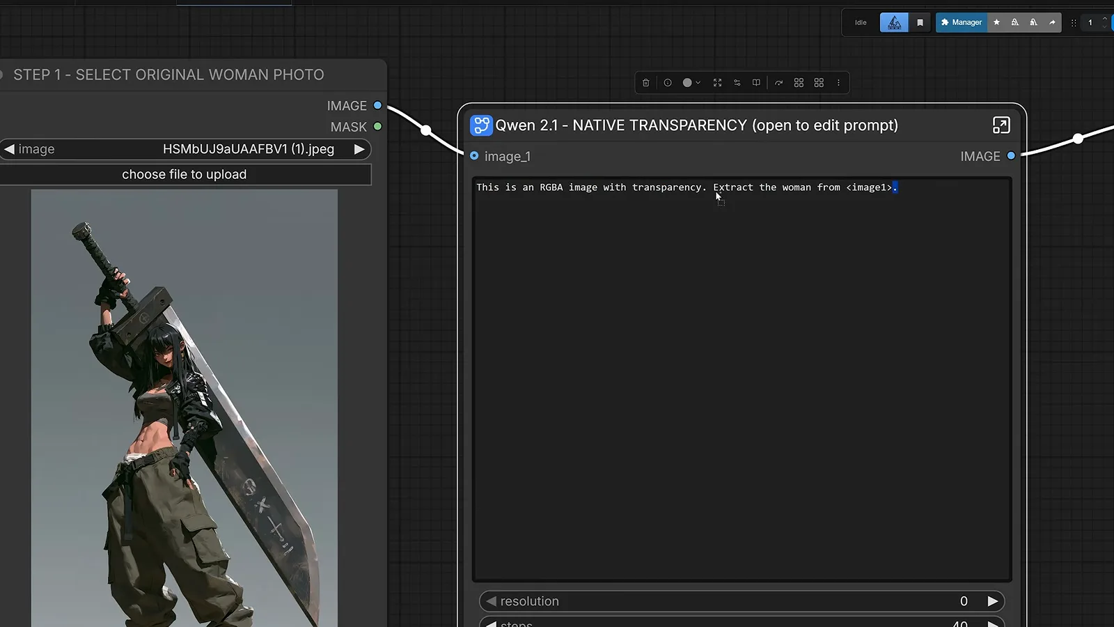 A ComfyUI prompt node where Qwen-Image 2.1 is told this is an RGBA image with transparency and asked to extract the woman from image one. A ComfyUI prompt node where Qwen-Image 2.1 is told this is an RGBA image with transparency and asked to extract the woman from image one.