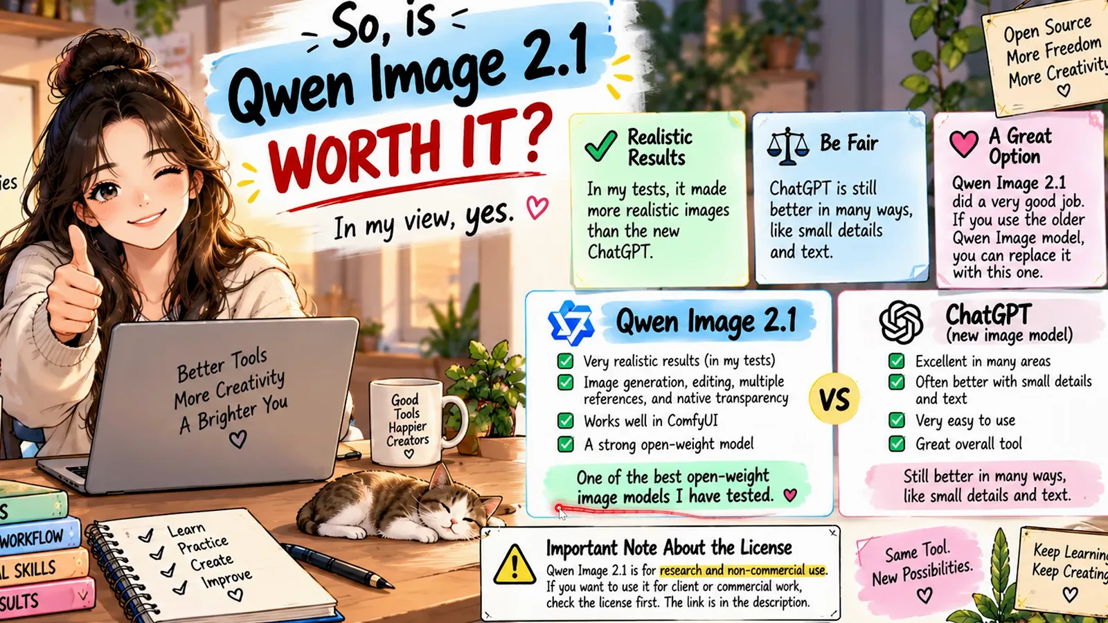 A verdict graphic asking Is Qwen-Image 2.1 Worth It with a warning box noting the model is for research and non-commercial use. A verdict graphic asking Is Qwen-Image 2.1 Worth It with a warning box noting the model is for research and non-commercial use.