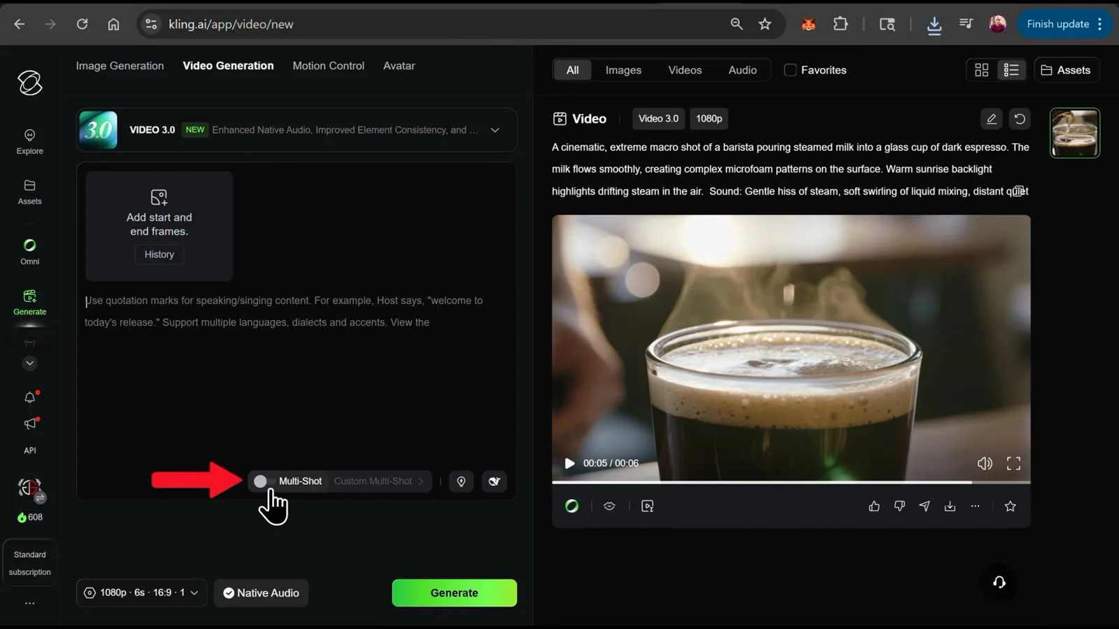 Multi-Shot toggle and Custom Multi-Shot button revealed under a Kling AI prompt