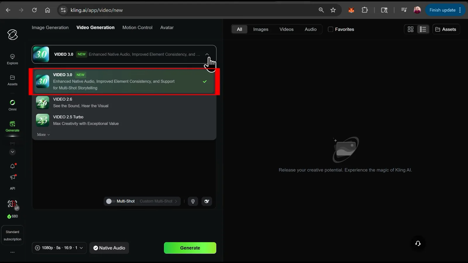 Kling AI model dropdown open, listing Video 3.0 with enhanced native audio and multi-shot support