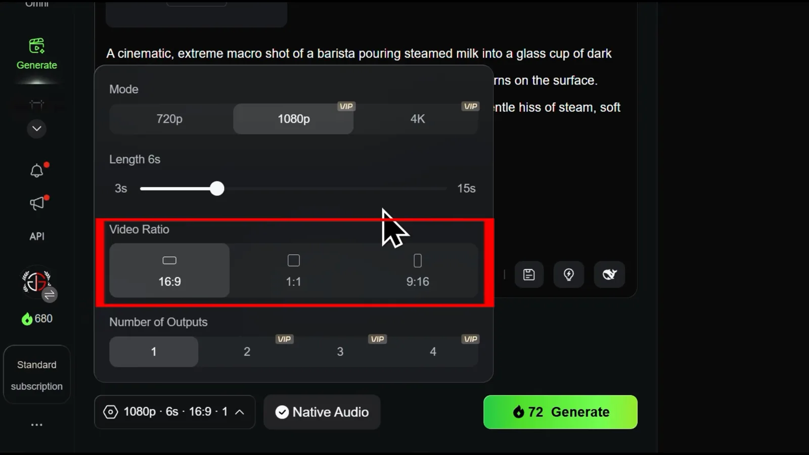 Kling AI settings panel showing Mode, Length slider, Video Ratio, and Number of Outputs before generation