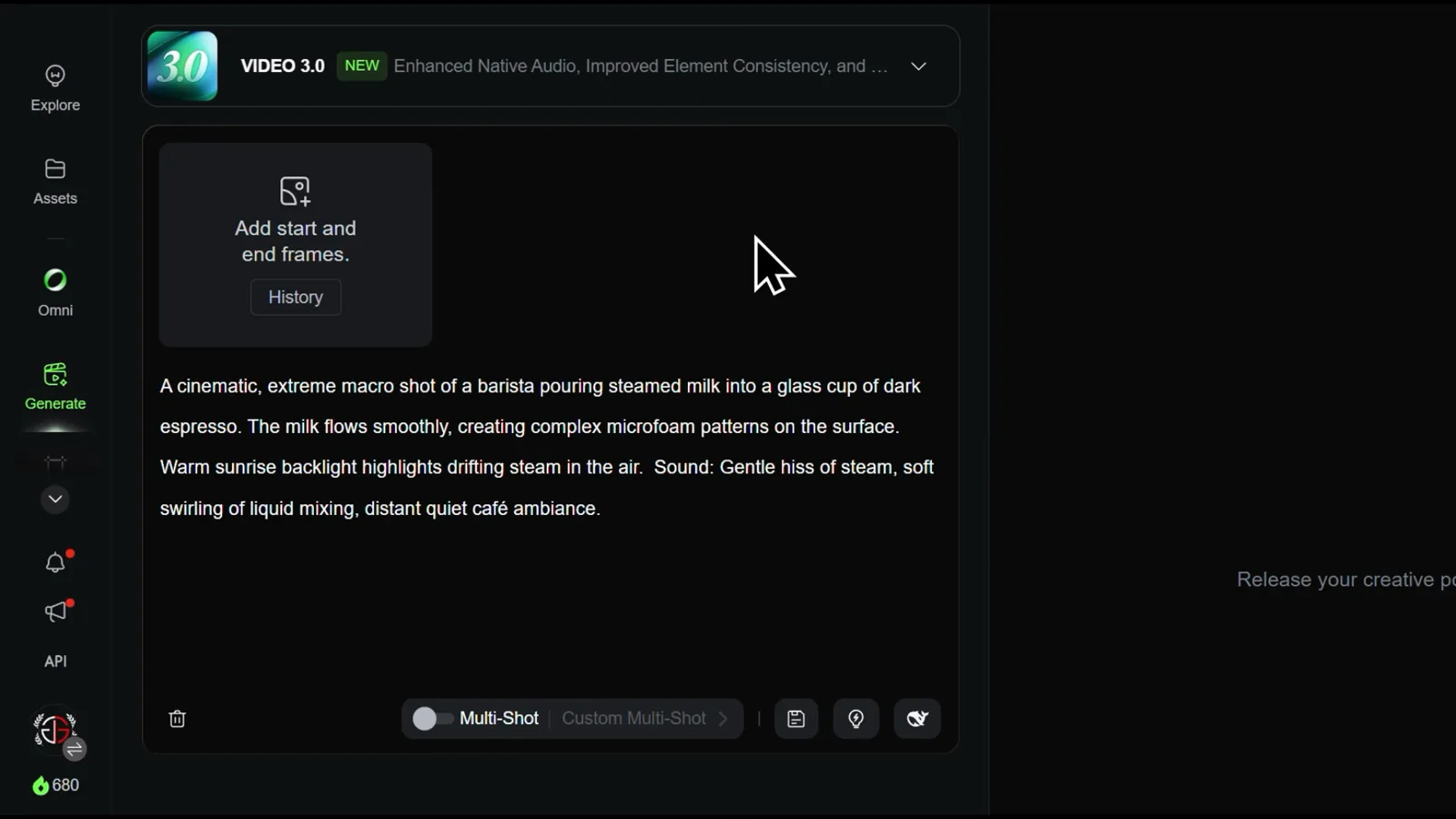 Kling AI prompt box filled with a cinematic barista prompt ending in a Sound section