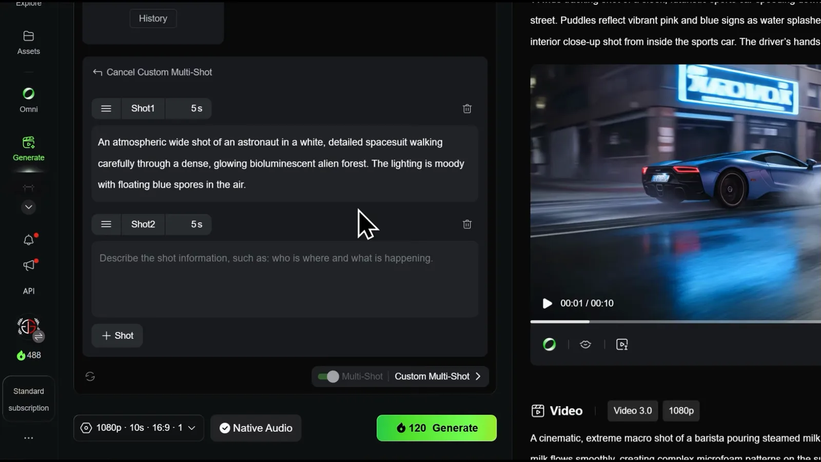 Custom Multi-Shot editor in Kling AI with Shot1 and Shot2 fields plus an Add Shot button