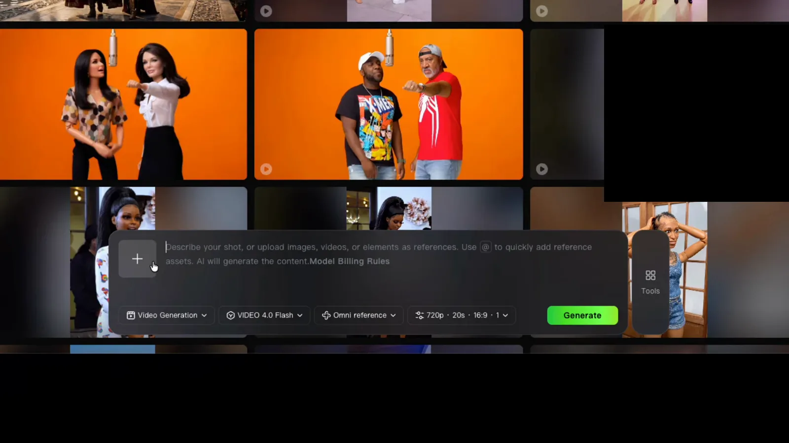 Kling AI composer bar showing the describe-your-shot prompt field with Video Generation, VIDEO 4.0 Flash, Omni reference and 720p 20s 16:9 settings