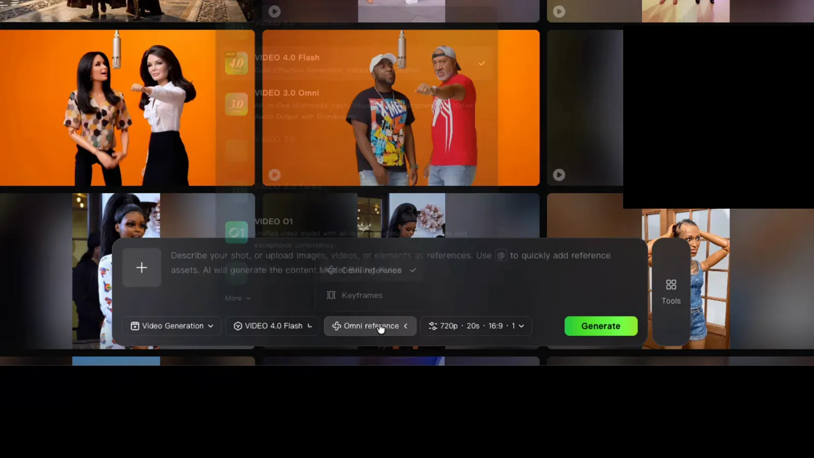 Kling AI model dropdown listing VIDEO 4.0 Flash, VIDEO 3.0 Omni, VIDEO 3.0 and VIDEO 01 in the generation composer