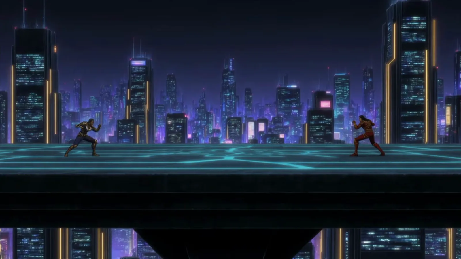 Kling 4.0 Flash text-to-video result showing two anime warriors facing off on a glowing rooftop above a neon futuristic city at night