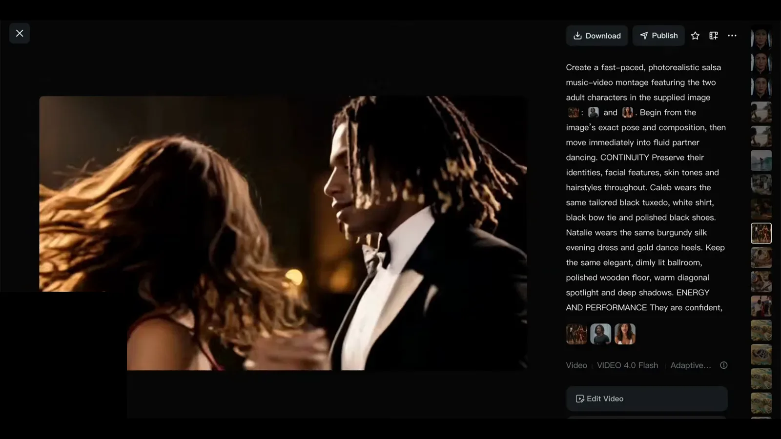 Kling 4 prompt with CONTINUITY and ENERGY AND PERFORMANCE sections for a salsa music-video montage beside the ballroom dancing result