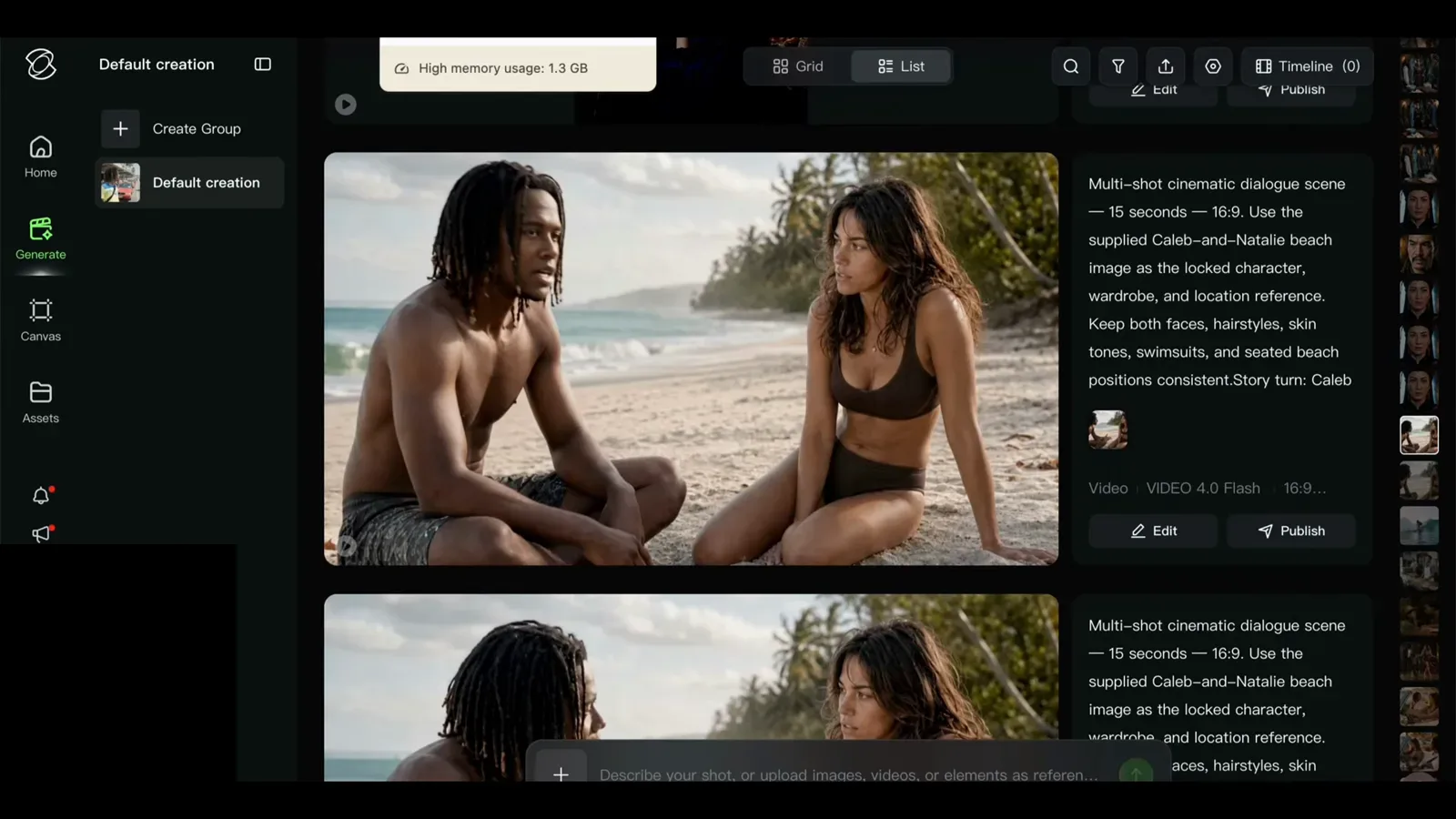 Kling 4 list view showing a multi-shot cinematic dialogue prompt that locks the Caleb-and-Natalie beach image as the character and wardrobe reference