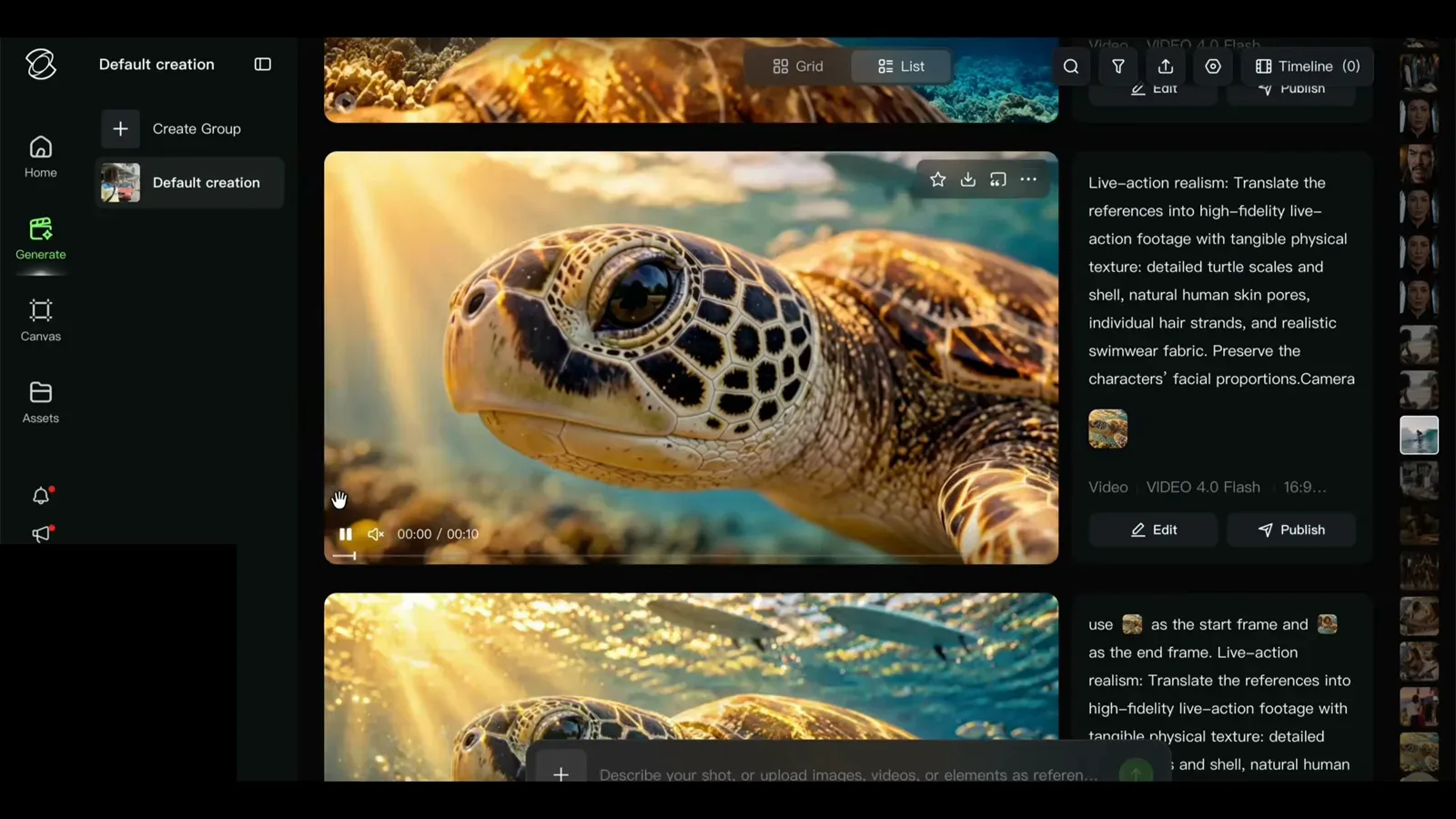 Kling 4 prompt asking for high-fidelity live-action texture with detailed turtle scales, skin pores and hair strands beside an underwater turtle result